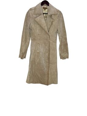 Arden B Leather Trench Coat Beige Taupe Double Breasted Vintage Boho S